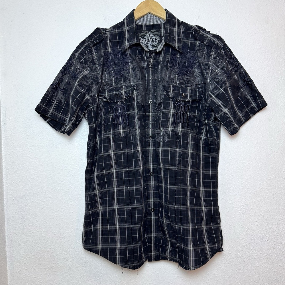 Roar Integrity Shirt Plaid Short Sleeve Button Up Men's Large Black Y2K Cotton